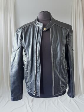 Men's Vintage Black Leather Cafe Racer Jacket, M with Skull back